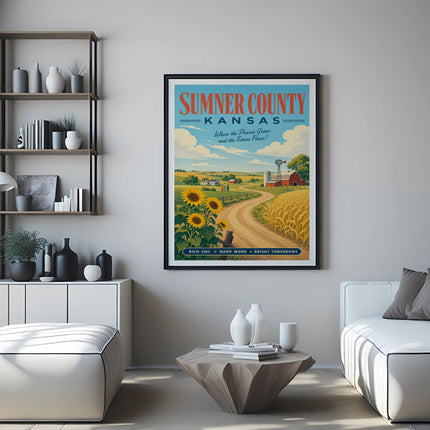 Sumner County Kansas poster with farm scene and text.