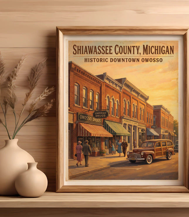Shiawassee County, Michigan Historic Downtown Owosso poster with vintage cars and buildings.