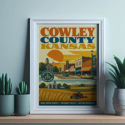 Cowley County Kansas vintage poster with "Come Stay Awhile" and travel slogans.