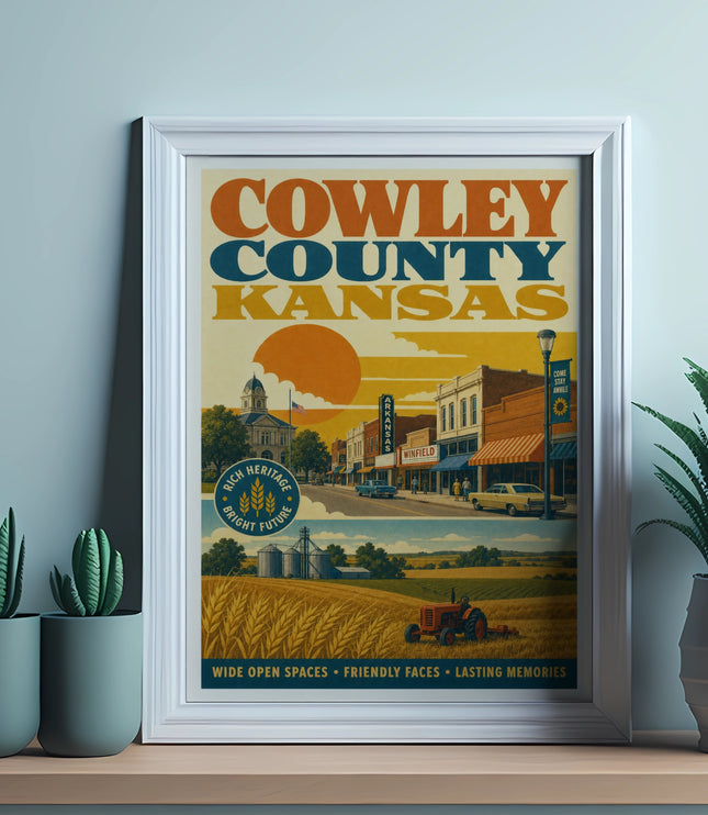 Cowley County Kansas vintage poster with "Come Stay Awhile" and travel slogans.