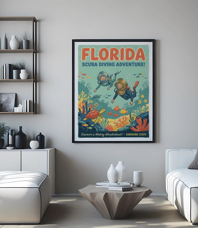 Florida Scuba Diving Adventure poster with divers, turtle, fish, and coral reef illustration.