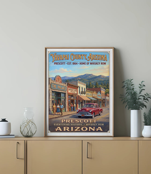Poster of Prescott, Yavapai County, Arizona, featuring Whiskey Row and a red classic car.
