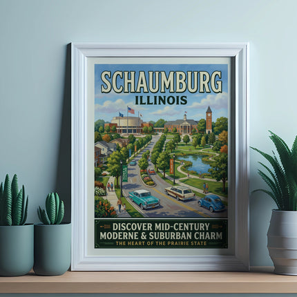 Schaumburg Illinois poster featuring mid-century Moderne and suburban charm.