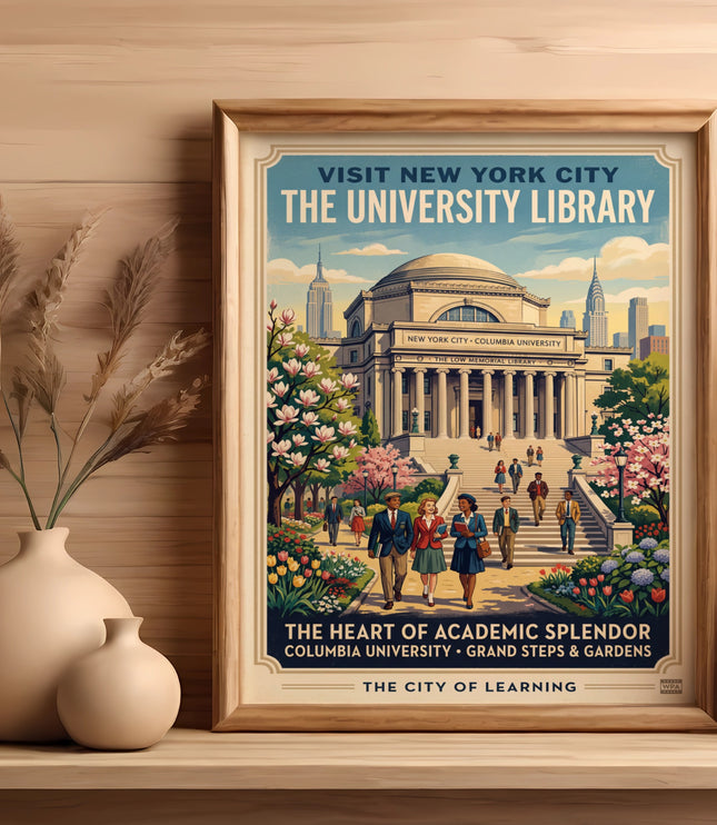 Poster for Columbia University Library in New York City with text about academic splendor.