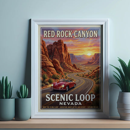 Red Rock Canyon Scenic Loop Nevada vintage travel poster with convertible car.