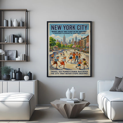 New York City poster with children skating, Pennsylvania Railroad logo, and city skyline.