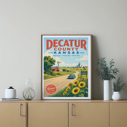 Decatur County Kansas travel poster with farm, sunflowers, and welcome sign.