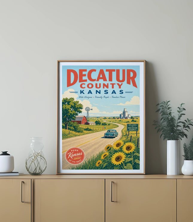 Decatur County Kansas travel poster with farm, sunflowers, and welcome sign.