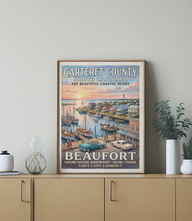 Vintage poster of Beaufort, North Carolina harbor with boats, cars, and lighthouse.