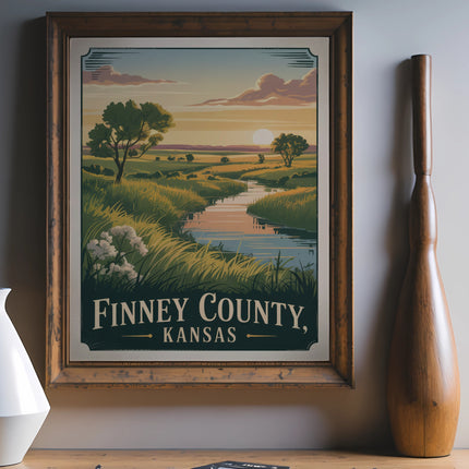 Finney County, Kansas vintage travel poster depicting a serene landscape with river.