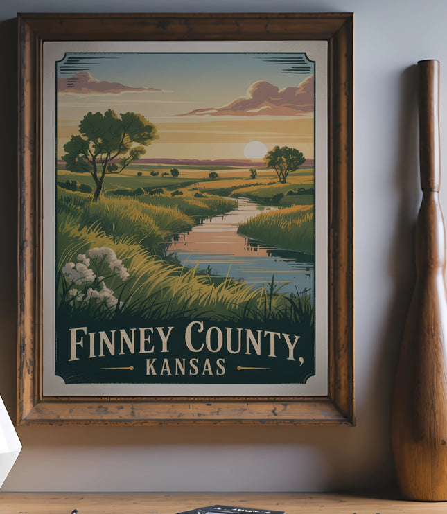 Finney County, Kansas vintage travel poster depicting a serene landscape with river.