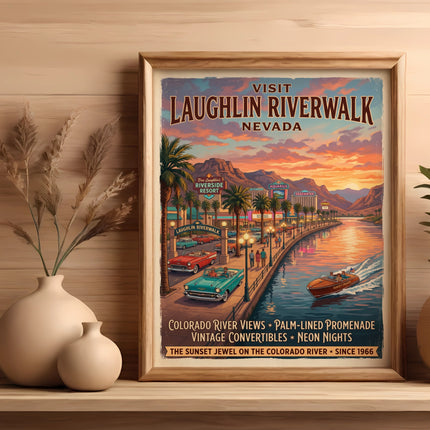 Laughlin Riverwalk Nevada poster with vintage cars, resort signs, and Colorado River sunset.