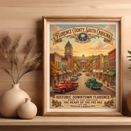 Historic Downtown Florence South Carolina artwork with vintage trucks and buildings.