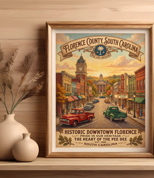 Historic Downtown Florence South Carolina artwork with vintage trucks and buildings.