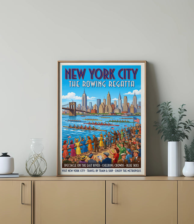 New York City Rowing Regatta vintage poster depicts rowing teams and spectators.