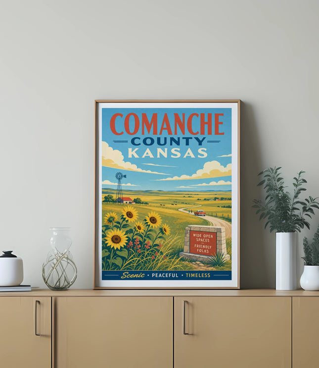 Comanche County Kansas travel poster with sunflowers, fields, and a road.
