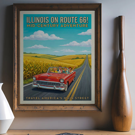 Illinois on Route 66 Mid-Century Adventure poster with classic red car driving.