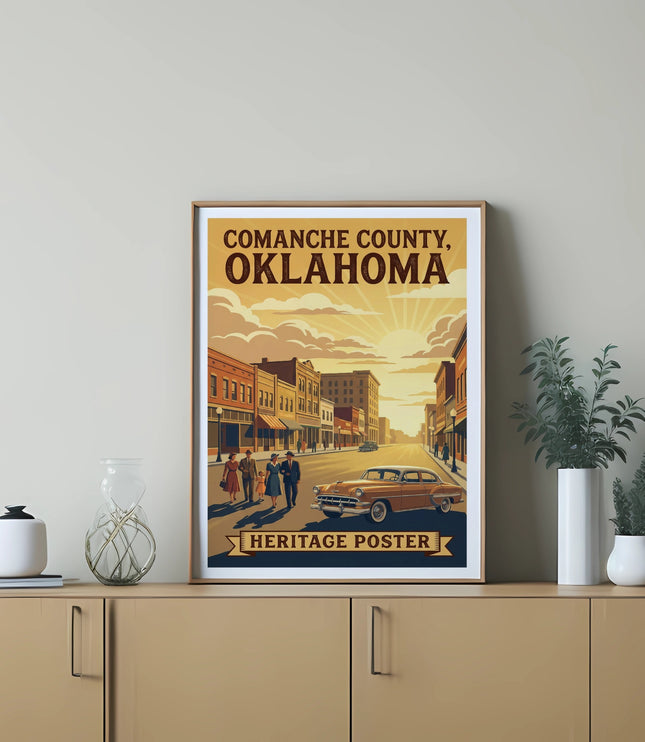 Comanche County, Oklahoma heritage poster with vintage cars and buildings.