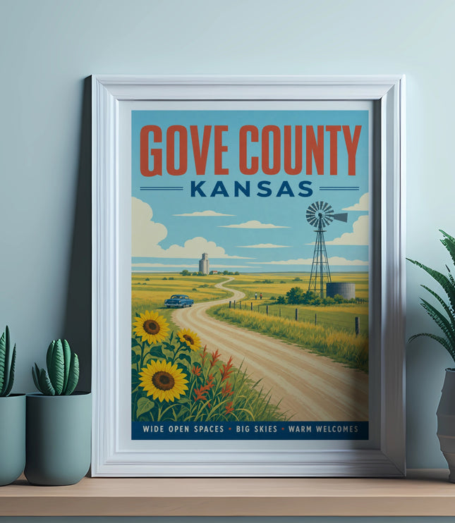 Vintage Gove County, Kansas travel poster with sunflowers and windmill.
