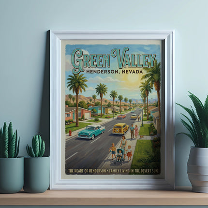 Retro travel poster for Green Valley, Henderson, Nevada, with families and cars.