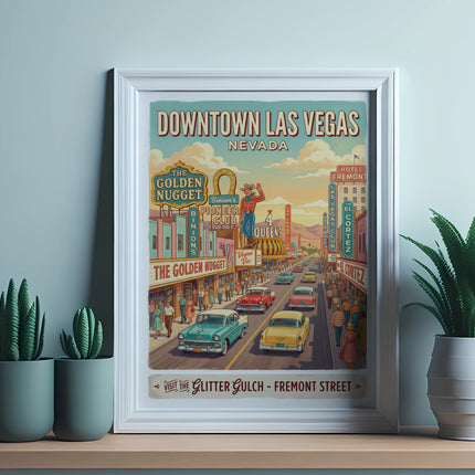 Vintage poster depicts Downtown Las Vegas with casinos, cars, and crowds.