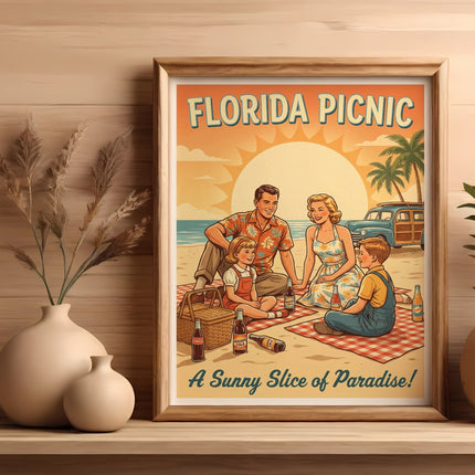 Framed retro illustration of a family on a Florida picnic with text "A Sunny Slice of Paradise!"
