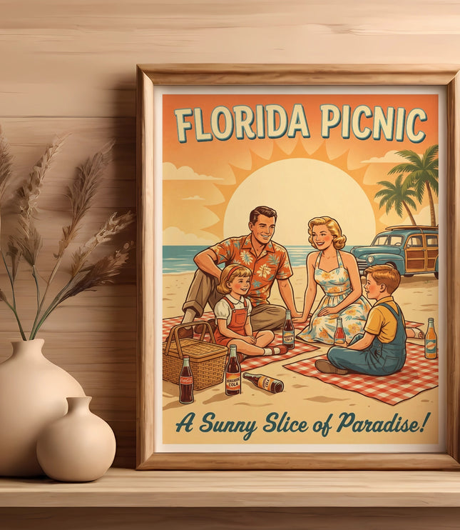 Framed retro illustration of a family on a Florida picnic with text "A Sunny Slice of Paradise!"
