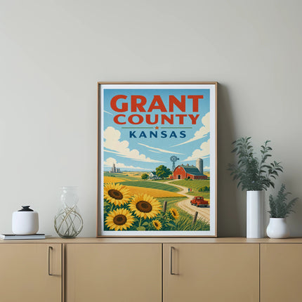 Grant County, Kansas art print showing sunflowers, a farm, and rolling hills.