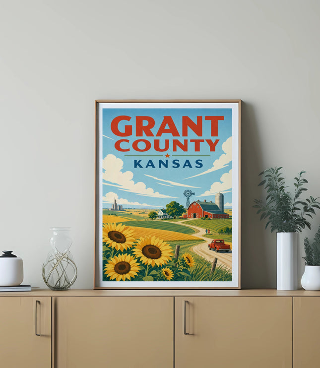 Grant County, Kansas art print showing sunflowers, a farm, and rolling hills.