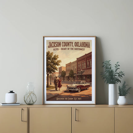 Jackson County, Oklahoma poster with couple, vintage car, and buildings.