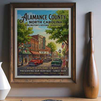 Vintage poster of Alamance County, North Carolina, Burlington's historic downtown.