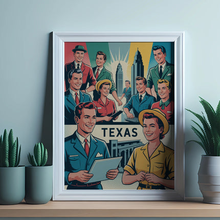 Vintage poster with smiling people and Texas landmarks.