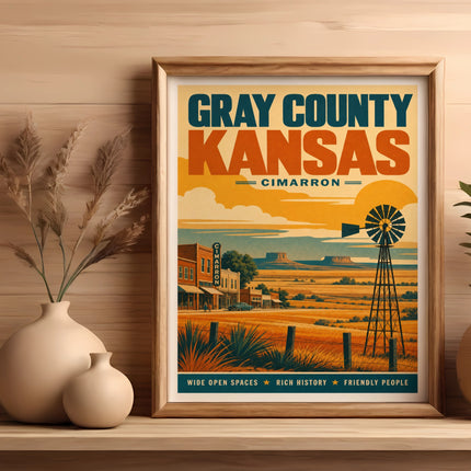 Gray County Kansas Cimarron retro travel poster with windmill and buildings.