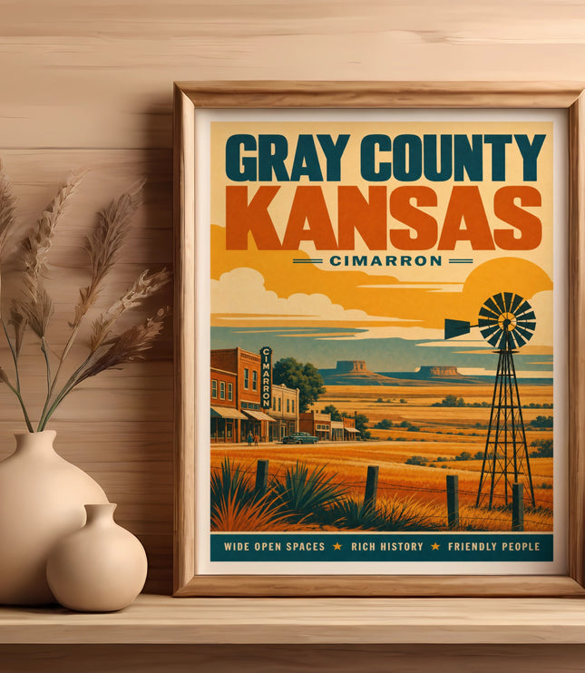 Gray County Kansas Cimarron retro travel poster with windmill and buildings.