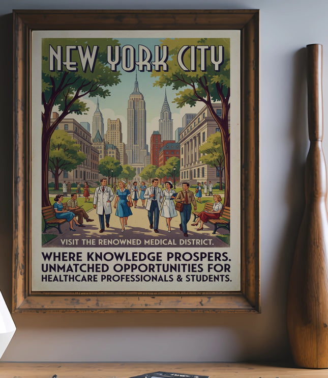 New York City medical district poster with skyline and medical professionals.
