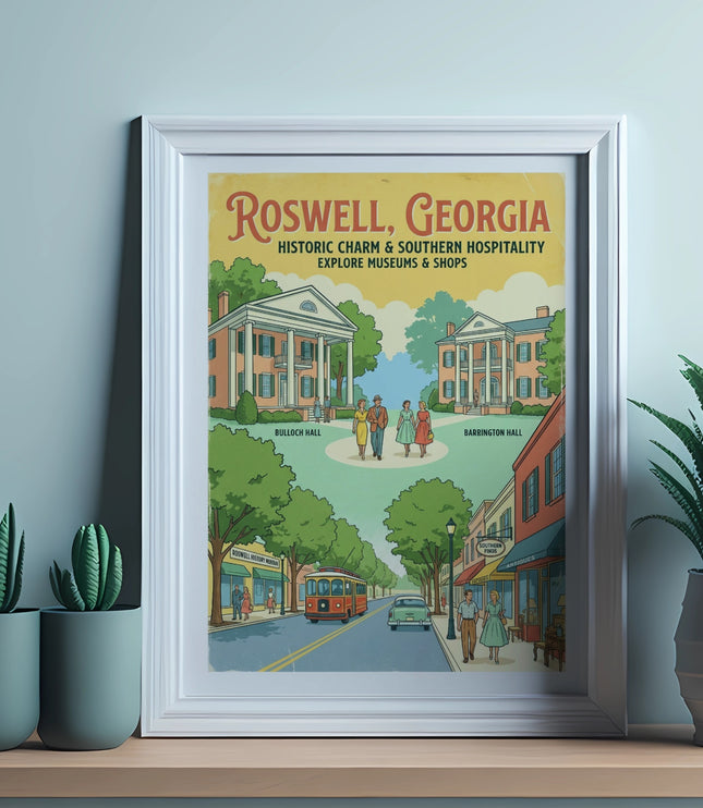 Roswell, Georgia poster featuring historic buildings, shops, and outdoor scenes.