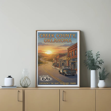Poster of Creek County, Oklahoma with Route 66, a vintage truck, and shops at sunset.