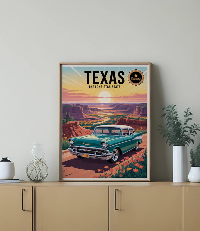 Vintage teal car driving through Texas landscape at sunset, "Texas Friendship" text.