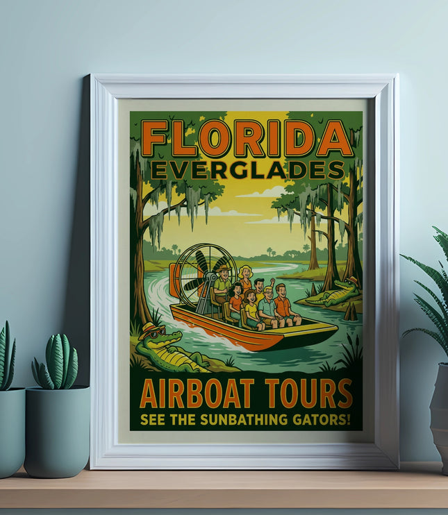 Florida Everglades Airboat Tours poster with people on a boat and a sunbathing alligator.