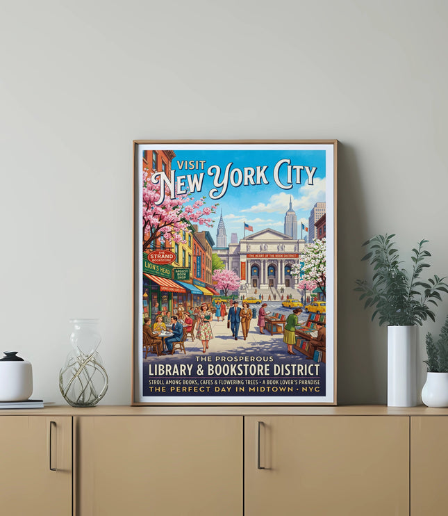 Vintage "Visit New York City" poster of a library and bookstore district.