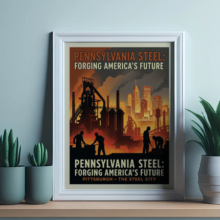 Poster with "Pennsylvania Steel: Forging America's Future" and industrial scene.