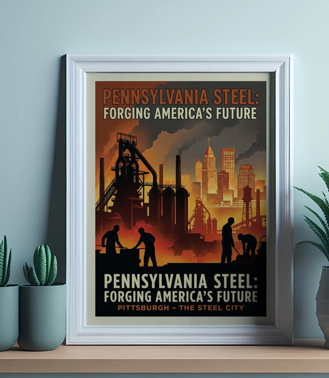 Poster with "Pennsylvania Steel: Forging America's Future" and industrial scene.