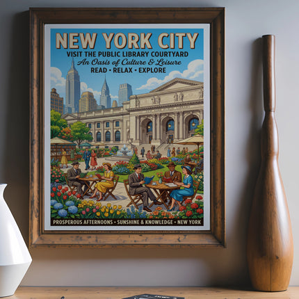 New York City Public Library courtyard poster with people, buildings, and flowers.