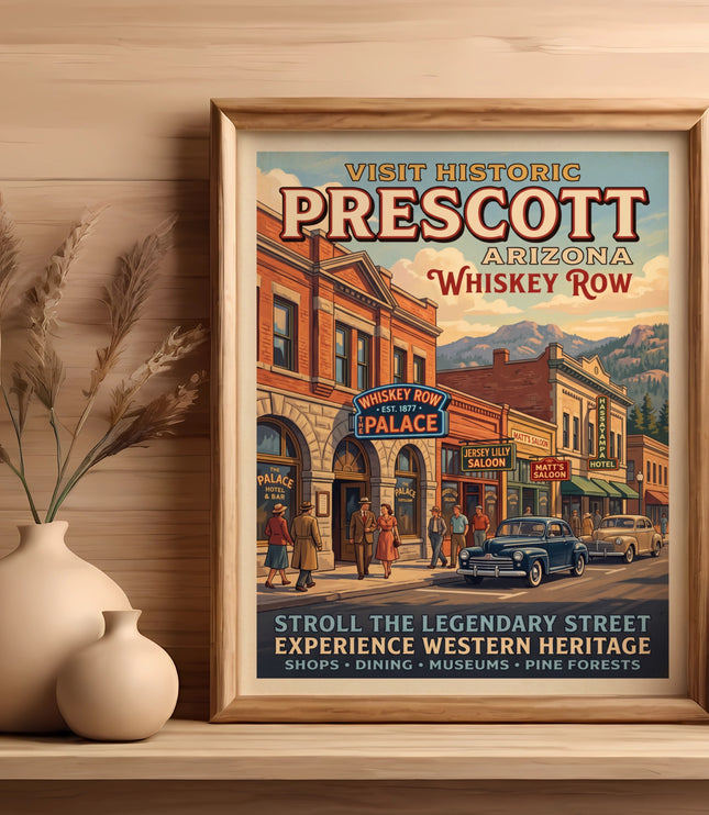 Vintage poster of Prescott, Arizona Whiskey Row with buildings, cars, and people.