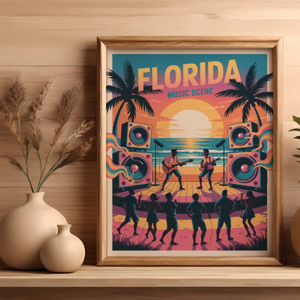 Framed poster of a Florida music scene at sunset with musicians and palm trees.