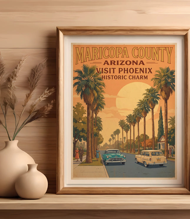 Maricopa County Arizona Visit Phoenix Historic Charm poster with palm trees and vintage cars.