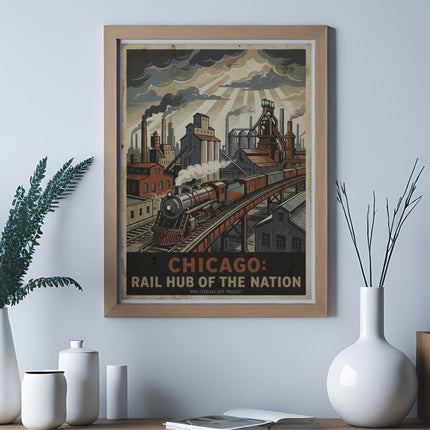Vintage Chicago Rail Hub of the Nation poster with train and industrial buildings.