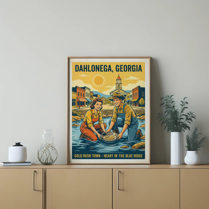 Dahlonega, Georgia Gold Rush Town poster with panning prospectors and historic buildings.