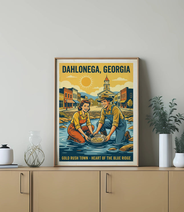 Dahlonega, Georgia Gold Rush Town poster with panning prospectors and historic buildings.