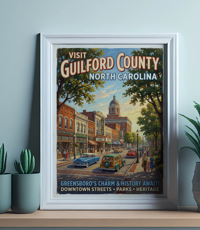Vintage poster for Visit Guilford County North Carolina with downtown scene.